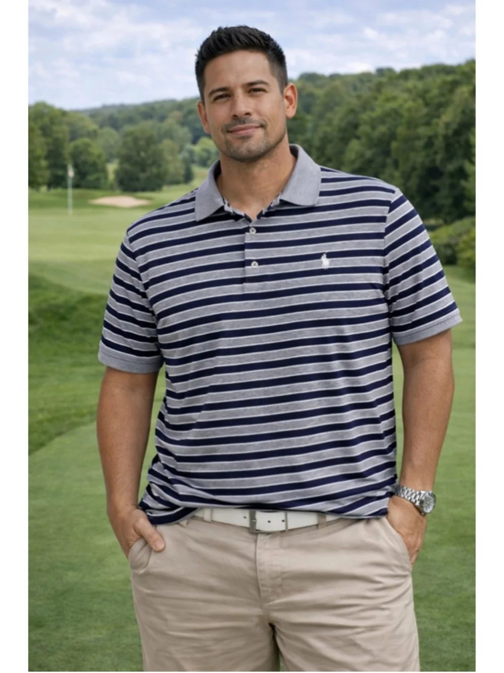 Men's Polo Ralph Lauren Polo M Navy Gray Striped Classic Fit Summer
